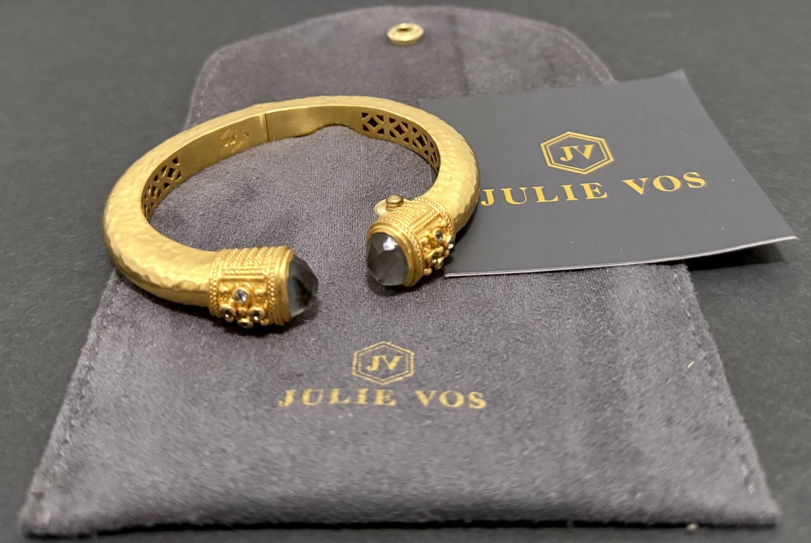 Julie Vos Hammered Gold Tone Cuff Bracelet Gray Faceted Stones w/Pouch gallery