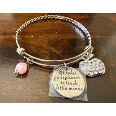 Teacher Appreciation Silver Bangle Bracelet Big Heart Teach Little Minds Apple