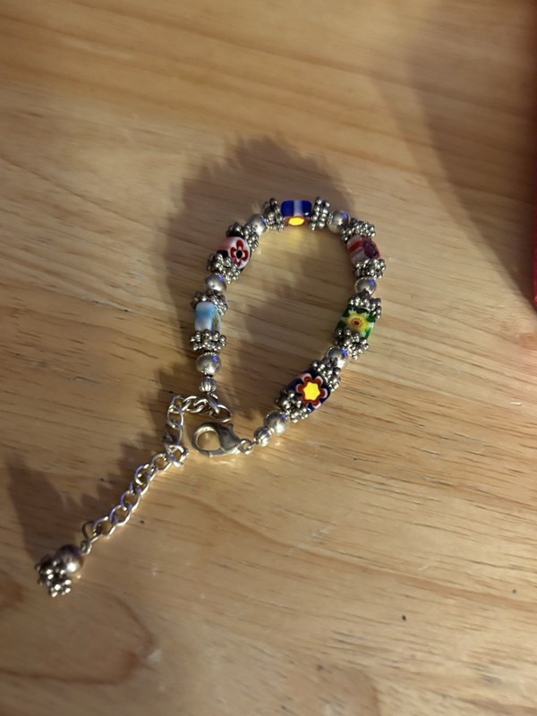6-9” adjustable silvertone and faux mille fiori bracelet,handmade gallery