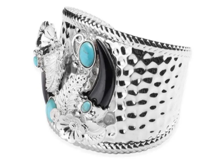 Howlite Flower and Leaf Cuff Bangle (Size 7) in Silver Tone gallery