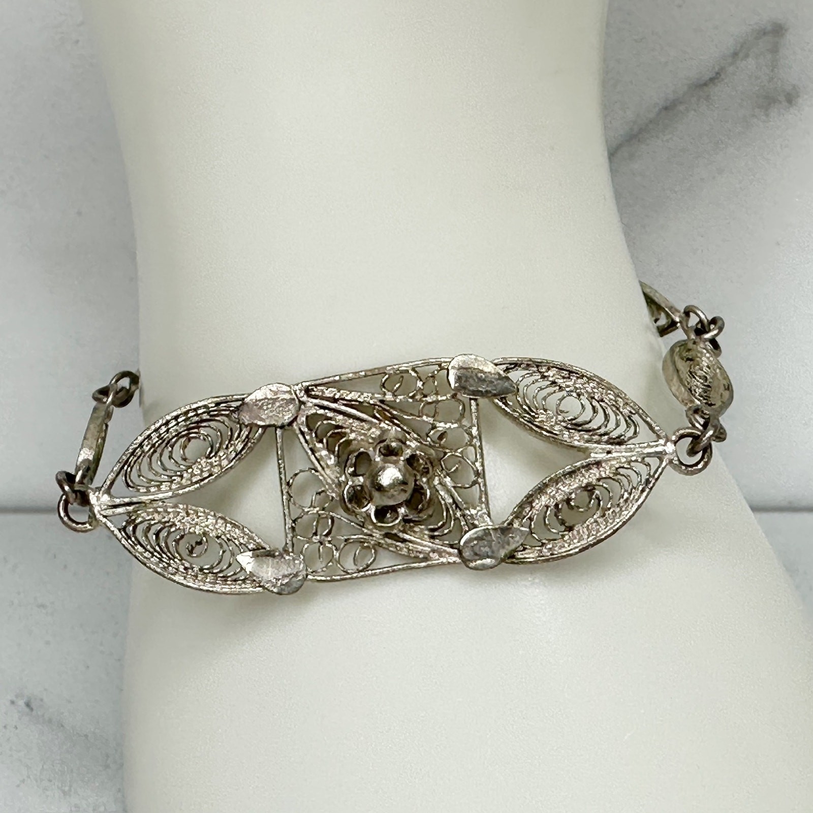 Vintage Silver Tone Filigree Scroll Marquise Link Flower Bracelet gallery