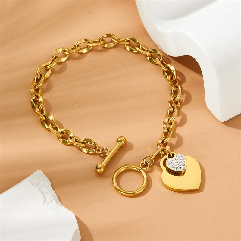Women's Heart Inlay Zircon Pendant Bracelet OT Buckle Stainless Steel Bracele gallery