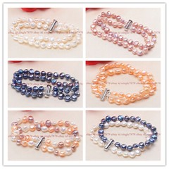 2 Rows Genuine 8-9mm Multicolor Baroque Cultured Freshwater Pearl Bracelet 7.5″