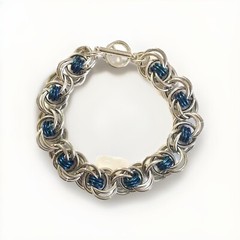 Ocean Wave Chainmaille Bracelet In Silver & Blue With Toggle 9 3/4 In. Handmade.