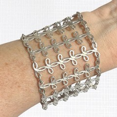 Vintage Chain Link Cuff Bracelet Silver Tone 2” Wide Lacy Metal Unique Jewelry