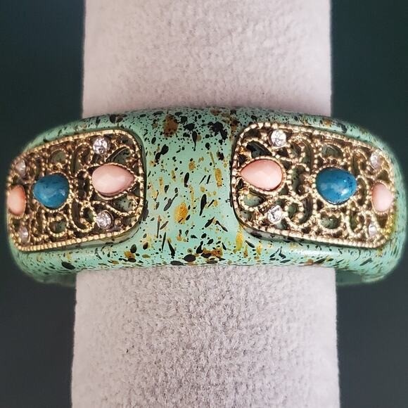 Heavy Green Splatter Hinged Bangle with Filigree Inserts with Beads and Crystals
