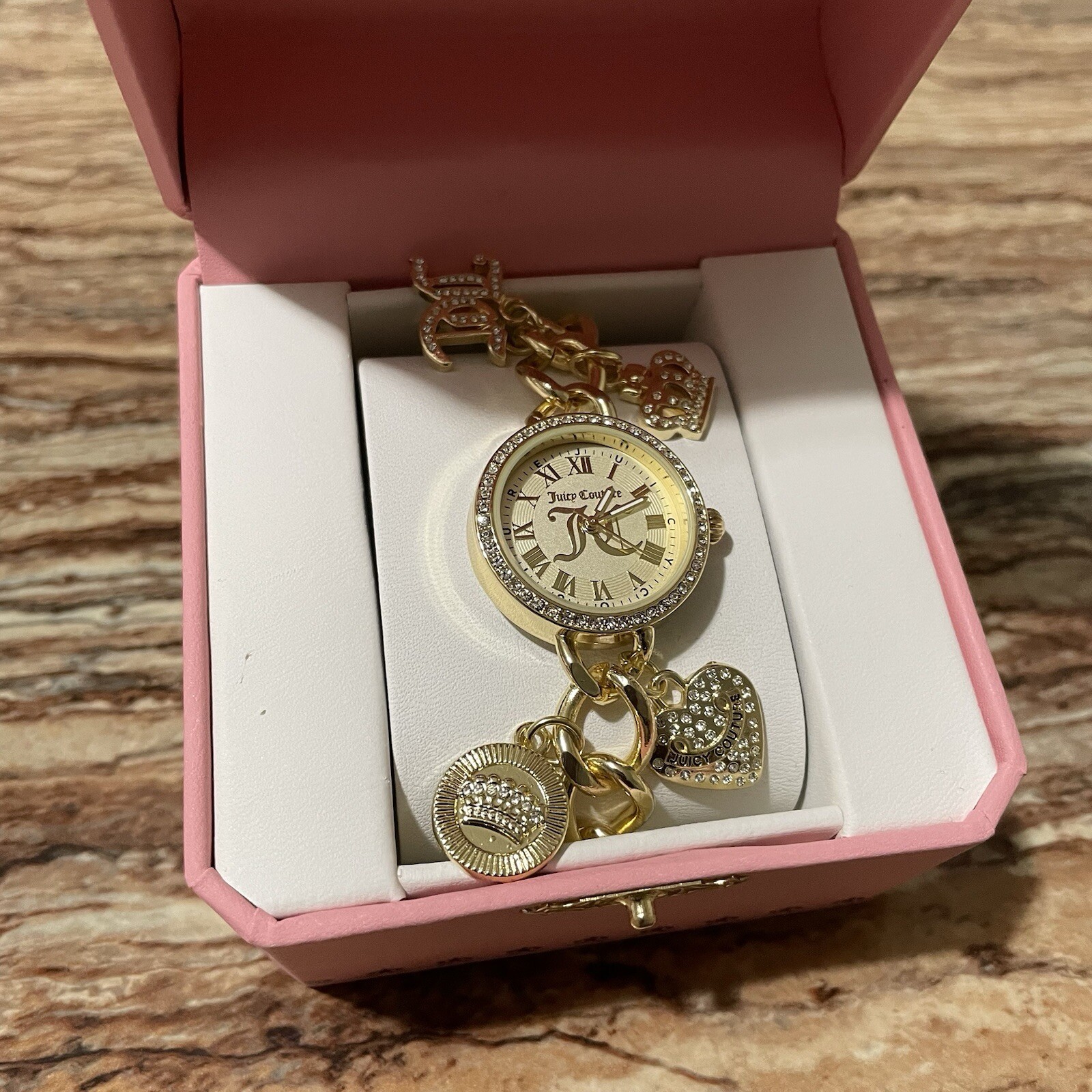 Juicy Couture Watch Gold Crystal Pave Charm Bracelet Watch Analog Timepiece gallery