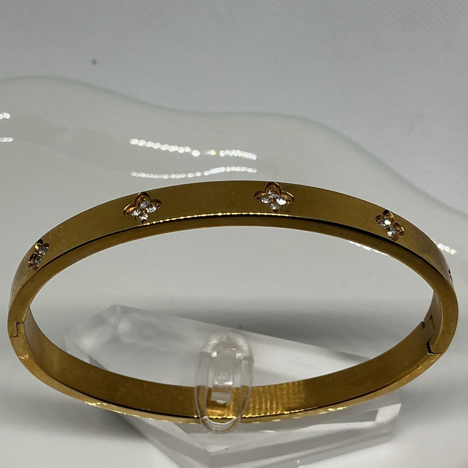 Gold Tone Bangle Bracelet, Clear Round Crystal Accents, White/Colorless gallery
