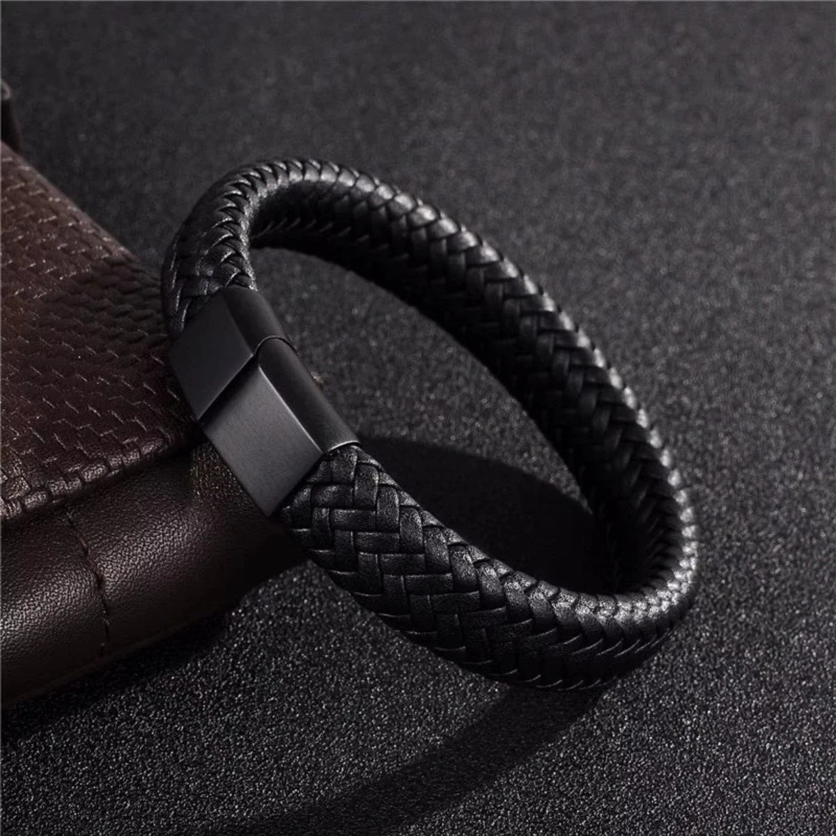 Black Bracelet Men's Braided Leather Bangle Stainless Steel Cuff Wristband USA gallery