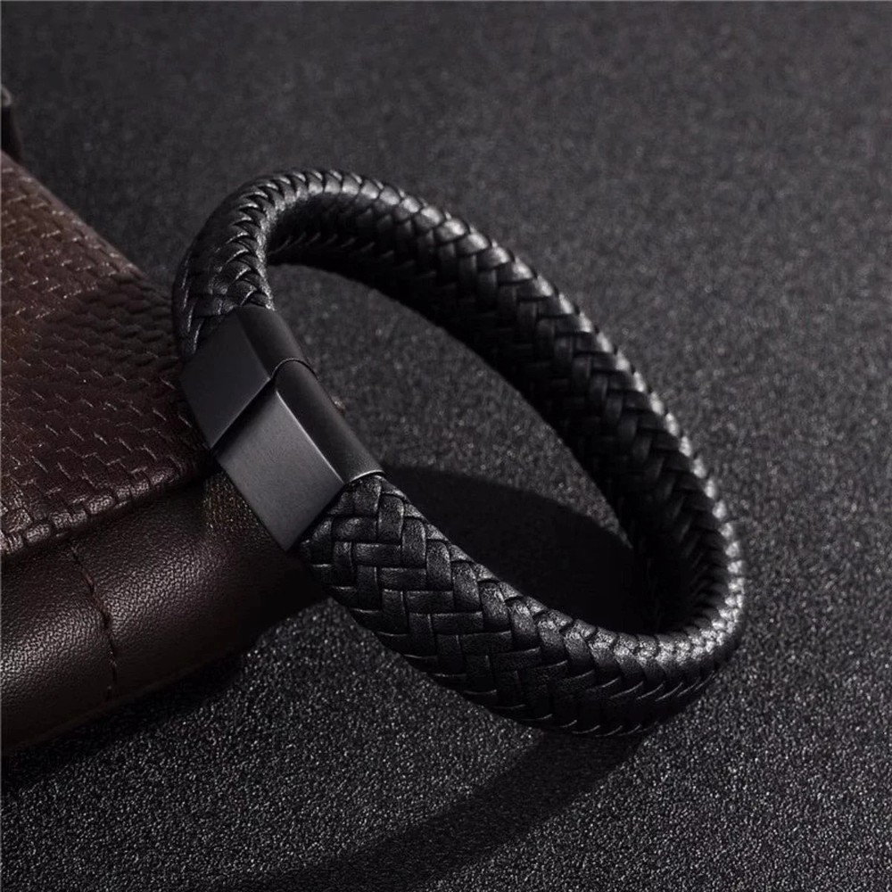 Black Bracelet Men's Braided Leather Bangle Stainless Steel Cuff Wristband USA