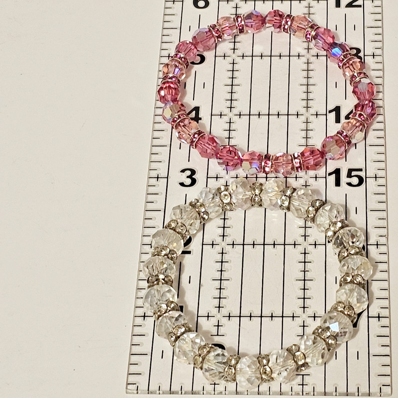 Pair of Crystal Cut Beads w/ Rhinestone Spacers Stretch Bracelet Pink & Clear gallery