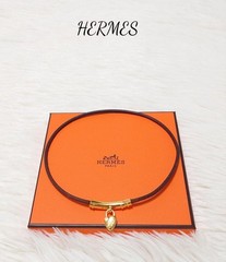 HERMES Viviride Fantasy Heart Choker Brown Gold Leather 2-Wrap Bracelet 38cm