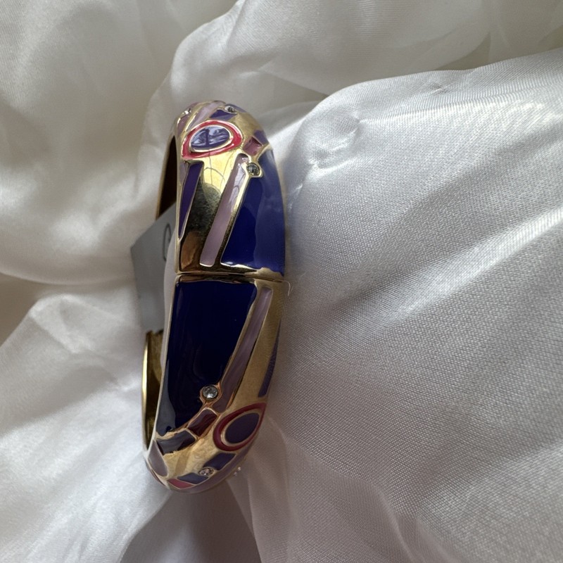 Sequin Brand Purple Pink Goldtone Rhinestone Enamel Bracelet 1" Wide Bangle NEW gallery