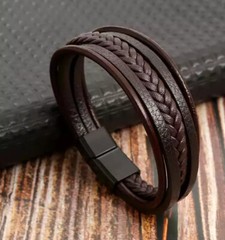 Stainless Leather Bracelet 8″ Unisex Brown Braided Magnetic Clasp Jewelry 21cm