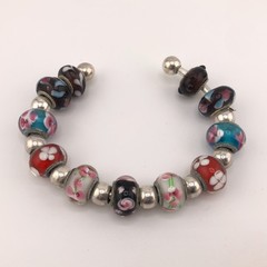 Charm Bead Torque Bangle Bracelet Silver Tone Floral Cuff Retro Christmas Boho