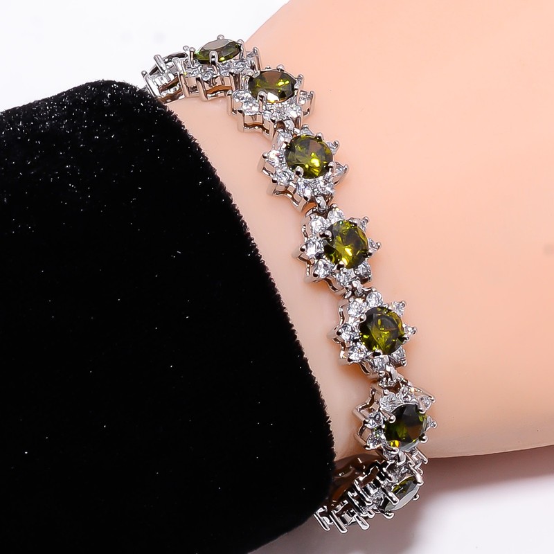 Green Tourmaline, CZ 925 Sterling Silver Adjustable Bracelet 7-8" B127929 gallery