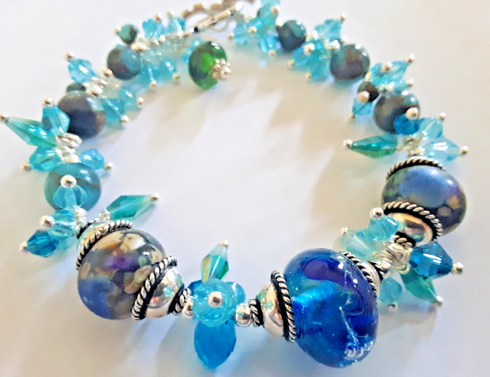 Turquoise BLUE BRACELET Crystal Fringed CHA CHA Lampwork Beads New 8" Designer gallery