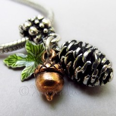Autumn European Pendant Charm – Silver Pine Cone, Copper Acorn And Green Leaf