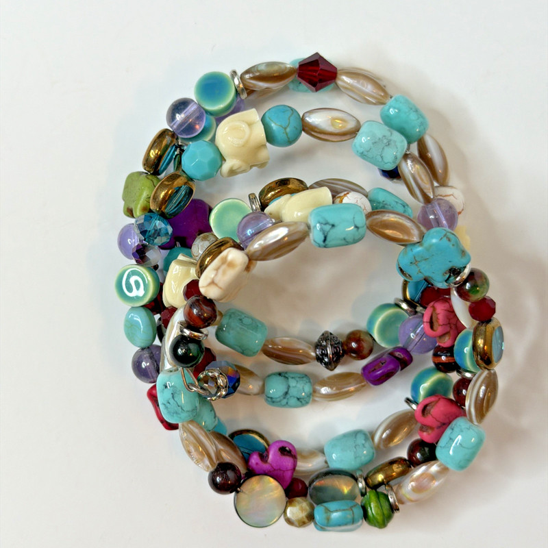 Boho Multicolored Beaded Coil Wrap Bracelet Elephant Charm Southwestern Style gallery