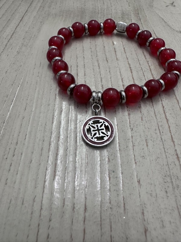Rustic Cuff Deep Red Beaded Stretch Bracelet Silvertone Charm gallery