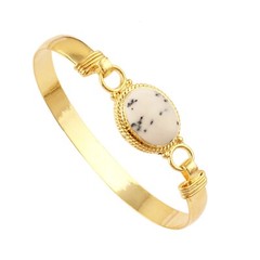 White Oval Natural Dendrite opal Gold Plated Gemstone Collet Set Hook Bracelet