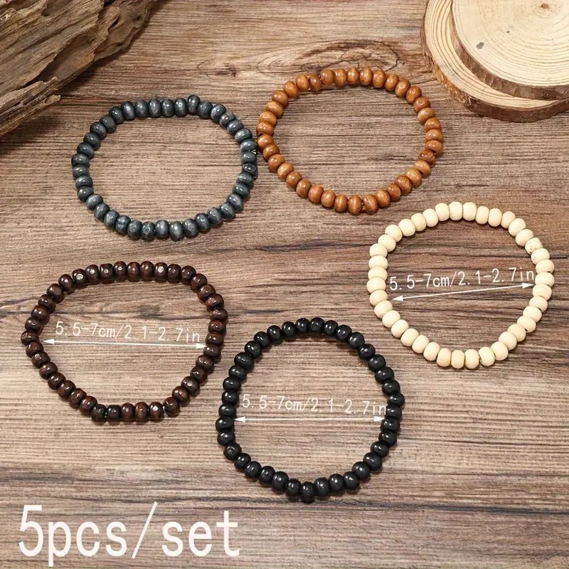 5 Piece Multi-layer Wooden Beaded Bohemian Jewelry Bracelet Set Gift Campus NEW gallery