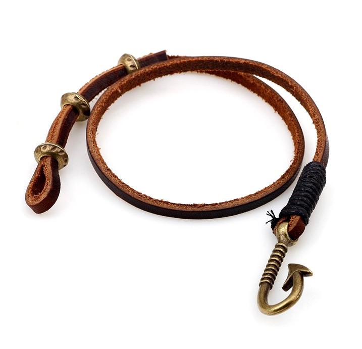 Vintage style Genuine Brown Leather & Antiqued Bronze Fish Hook Clasp Bracelet gallery