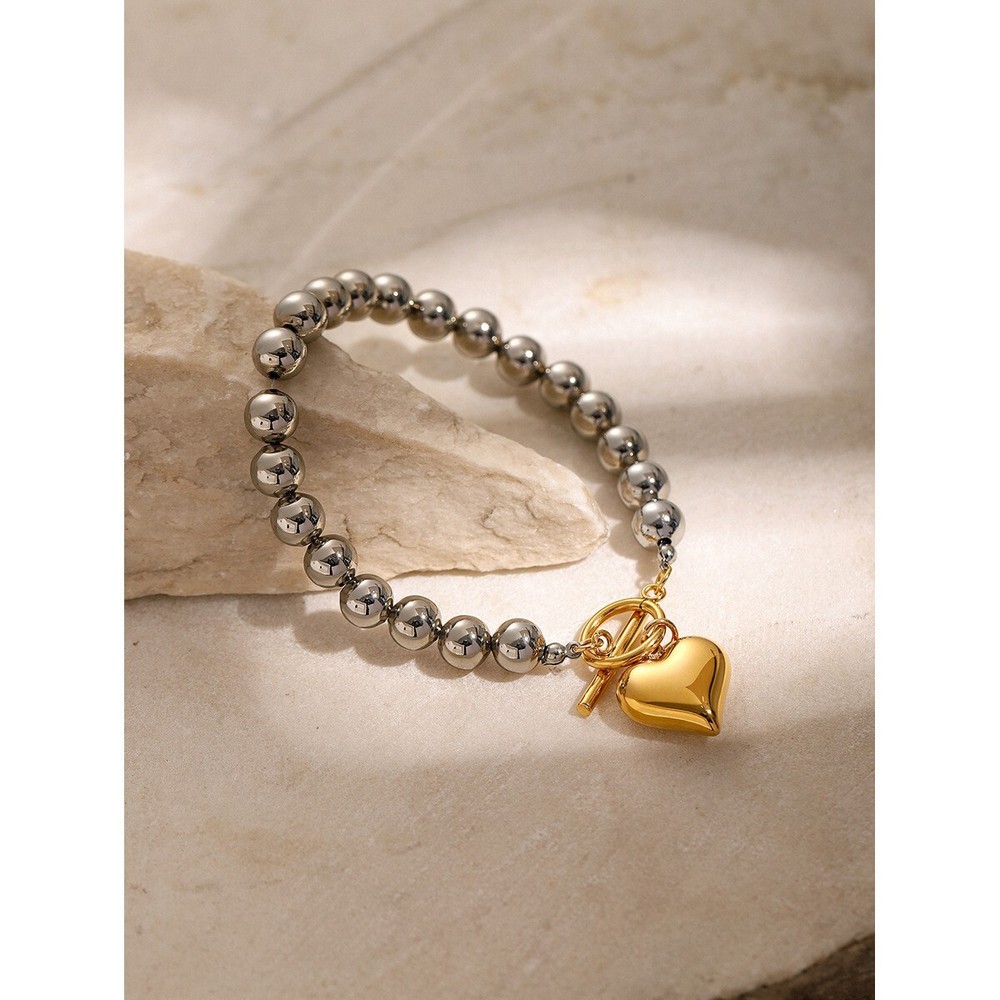 Woman 18K Gold Plated Beaded Ball Chain Heart Bracelet Bangle Toggle 8.7''