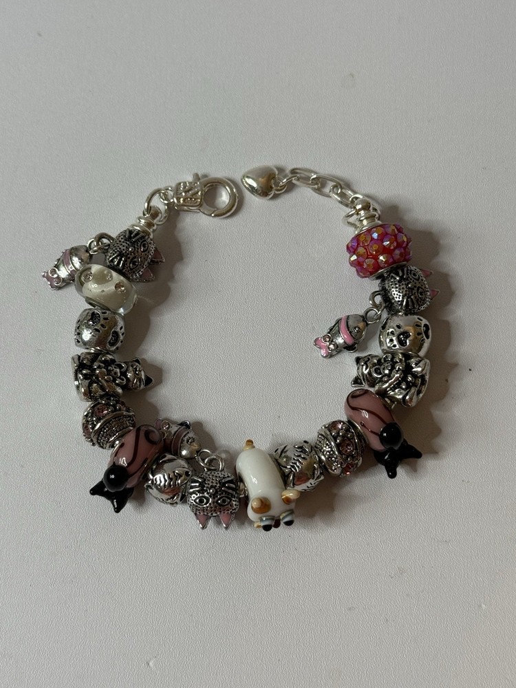 Trollbeads Authentic Cat Charm Bracelet White Diamond Glass Bead Pink Size 8 Set