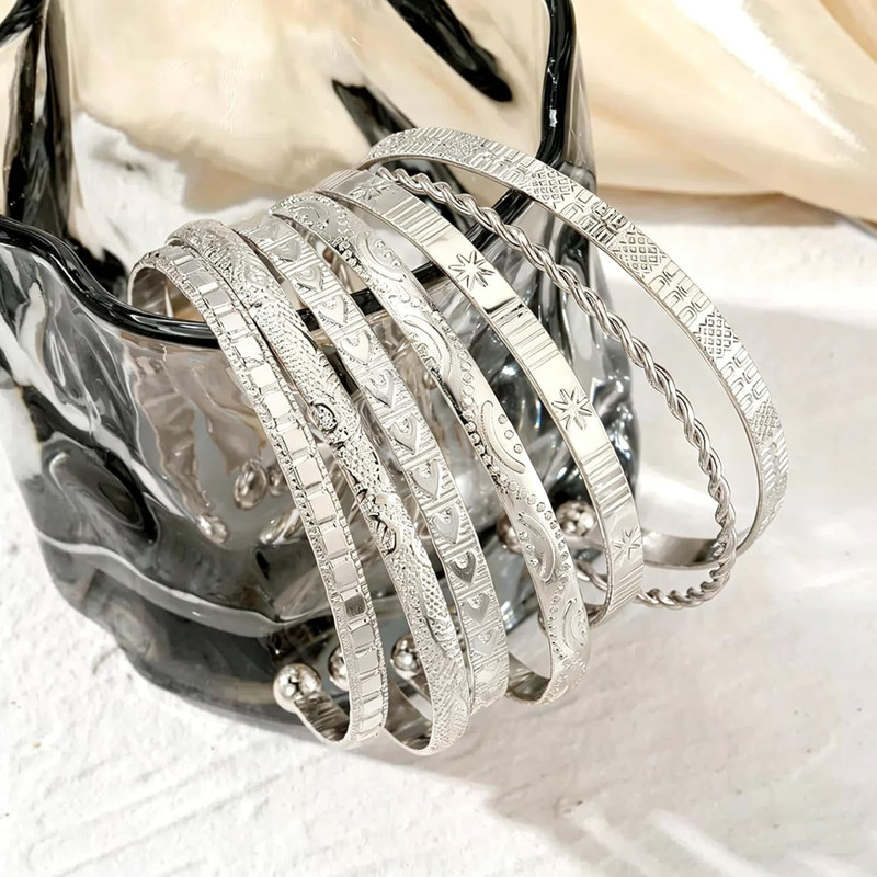 Women'S Open Bangles Multi Layer Stackable Cuff Bracelet Set Bohemian Silver Cos gallery