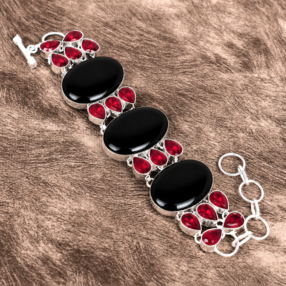 925 Sterling Silver Black Onyx Red Ruby Statement Bracelet Women Handmade Gift