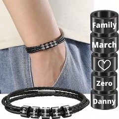 Custom Name Men Bracelet Handmade Black Leather 1-10 Beads Adjustable Wristband