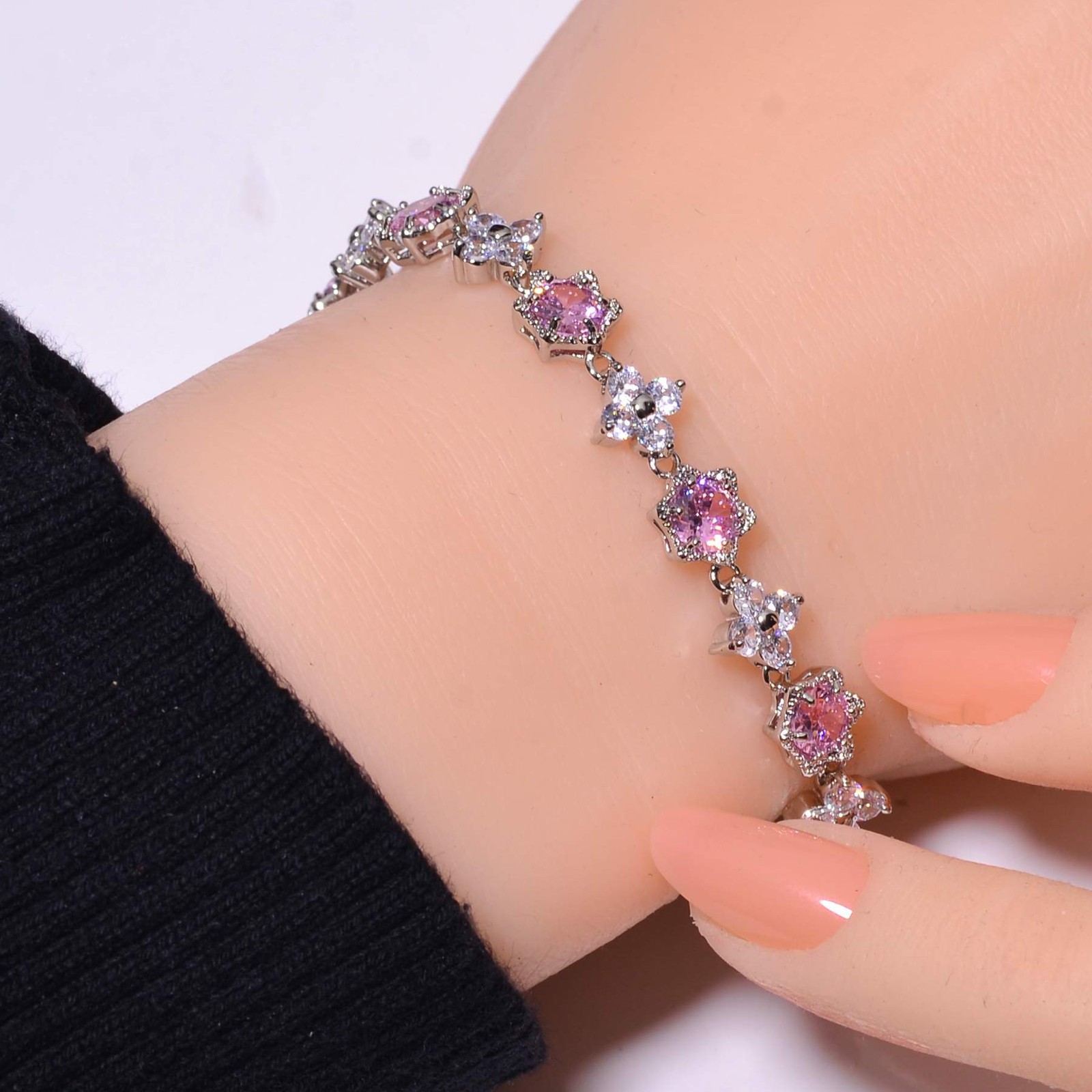 Pink Rose Quartz & Cubic Zirconia 925 Sterling Silver Tennis Bracelet 8.99" B44 gallery