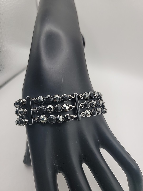 Black Rhinestone Bracelet Multi Strand Silver Tone Statement Sparkly Evening Gla gallery