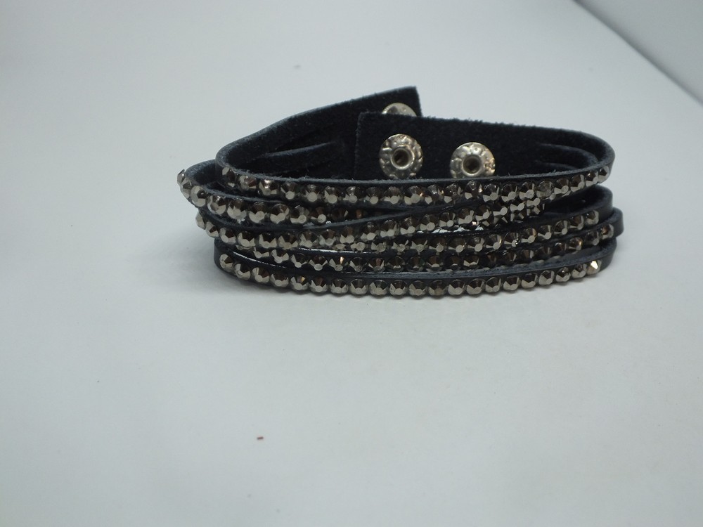 Beautiful Clasp Bracelet Black Vinyl Black Rhinestones 7 1/4-8" Long x 1" Wide