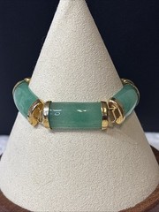 Gold Plated Natural Green Jade Station Bracelet Fold Over Clasp