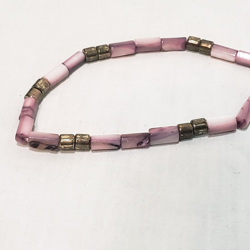 Pair Beaded Gold Tone Purple Stretch Shell Resin Bracelet 2.5" gallery