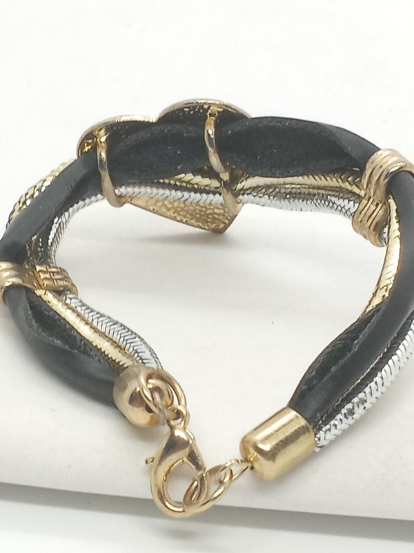 Gold Tone Heart Bracelet Black and Silver Wrap Bands Fashion Jewelry gallery