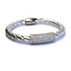 Women’s Sterling Silver Glam Bar Leather Bracelet Metallic