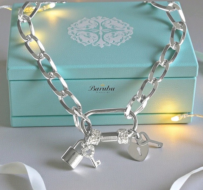 Silver Padlock & Key Bracelet, Adjustable Charm Carabiner Bracelets For Women gallery