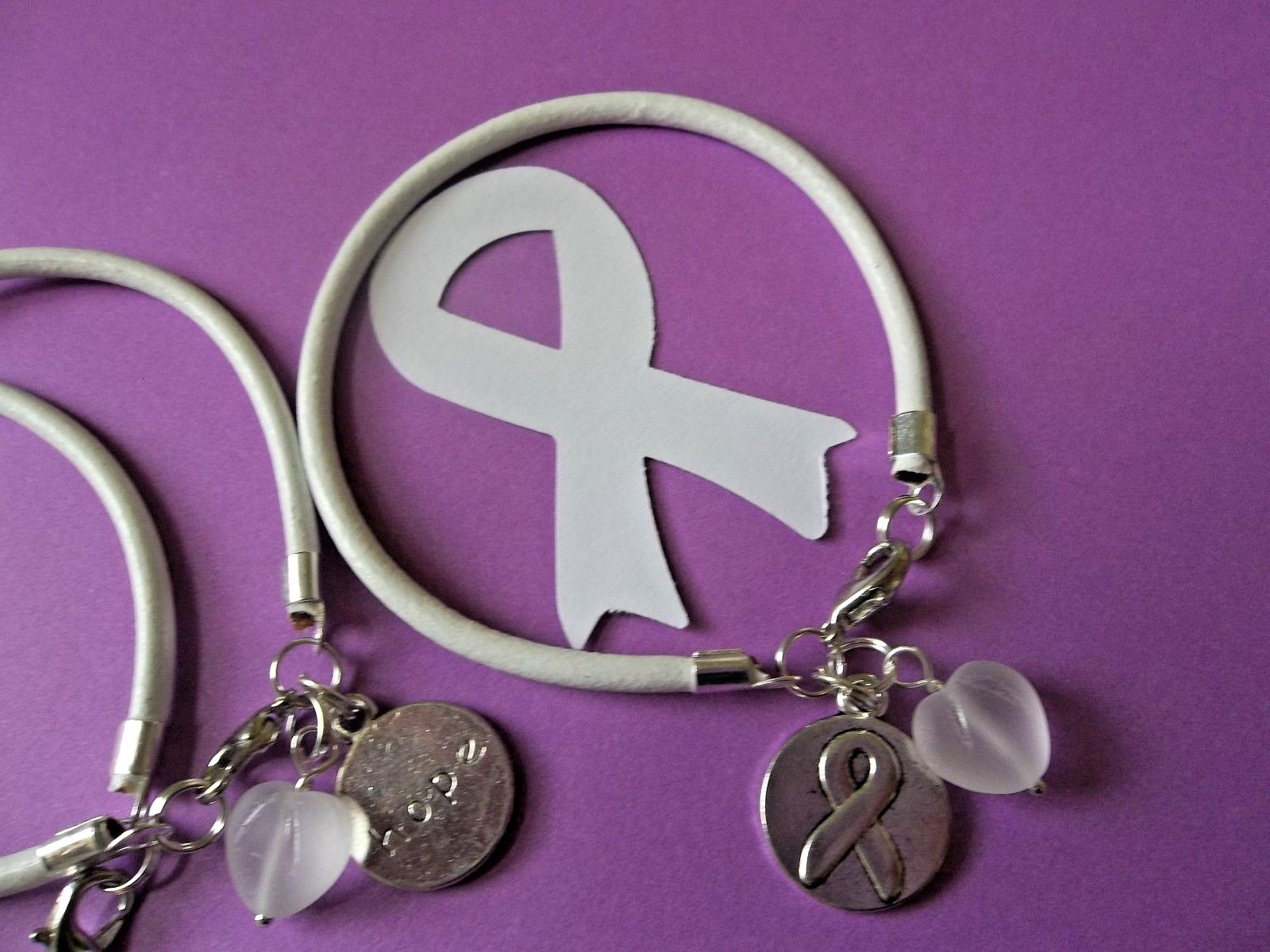 3 LUNG CANCER AWARENESS WHITE LEATHER CHARM BRACELETS W/HEART gallery
