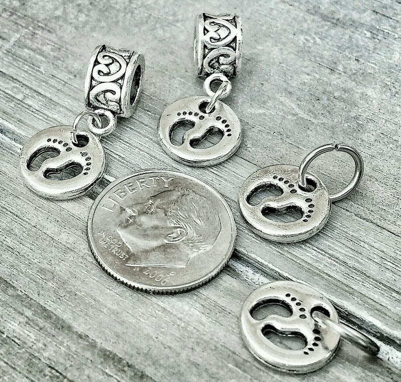 2 Silver Mother Loves Child Baby Footprints Feet European Dangle Charms Pendants gallery