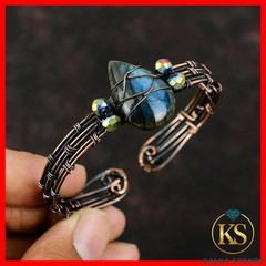 Pear Natural Labradorite Titanium Beads New Wire Wrapped Bangle Jewelry Copper