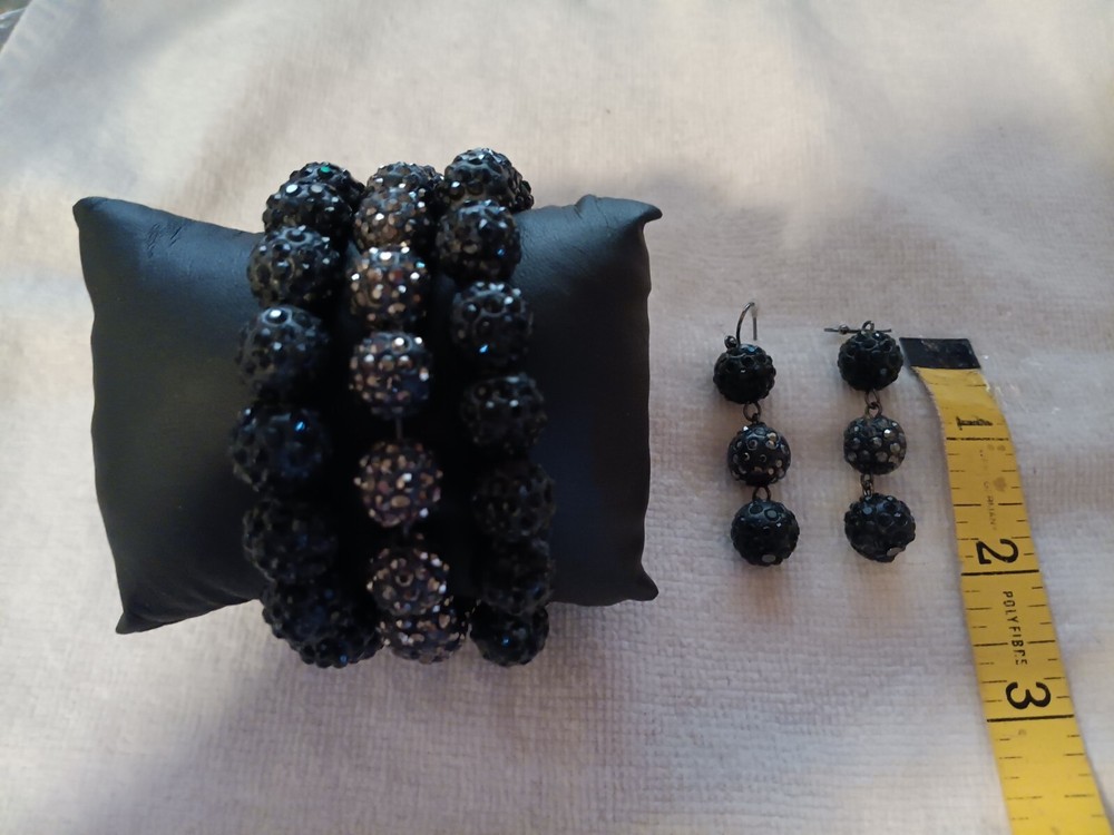 Set of (3) Black and Dark Gray Glittery Stretch Bracelets & Matching Earrings