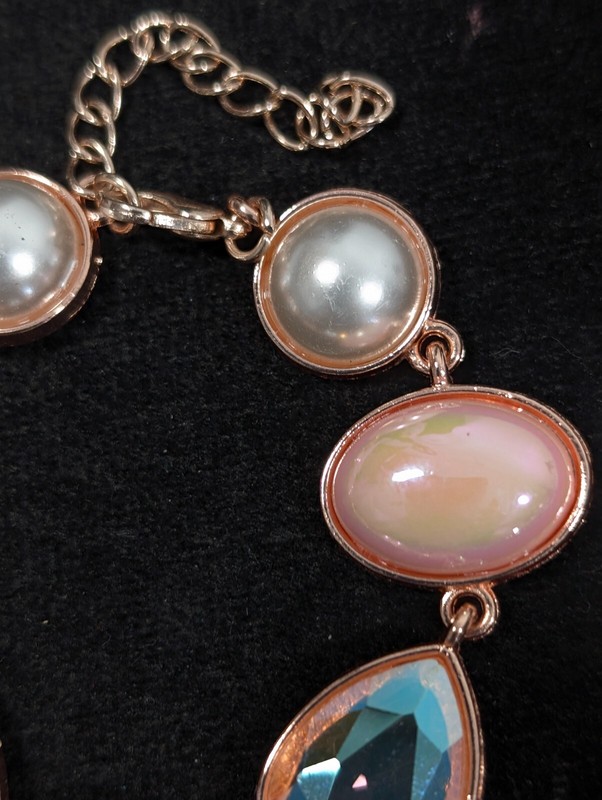 Rose Gold Tone Pink Iridescent AB Crystal Faux Pearl Bezel Tennis Bracelet 9 in gallery