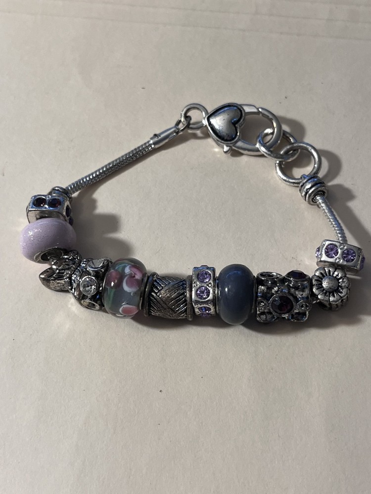 BRIGHTON STYLE Silver Tone Charm BRACELET 8” ~ Crystal, Enamel, Glass