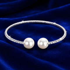 Women’s Silver Tone Pearl Open Cuff Bangle Bracelet Rhinestone Jewelry