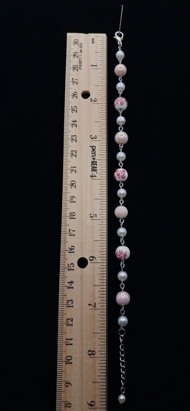 Pink Floral Beaded Bracelet White Faux Pearl Silver Tone Link Coquette Aesthetic gallery