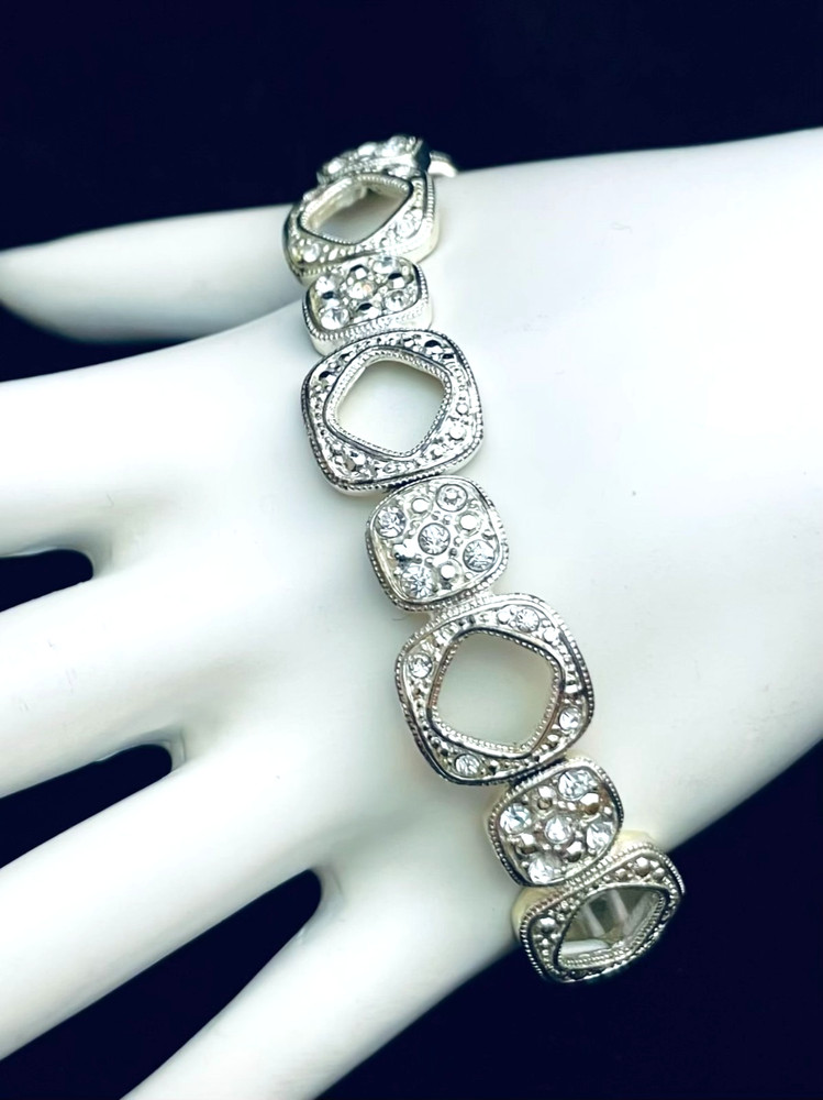 Clear Rhinestone Bracelet Silver Tone Stretch Art Deco Inspired Geometric Open