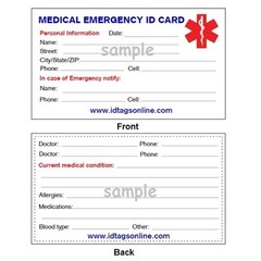 Medical Emergency wallet card for Medical Alert Id bracelets and Necklaces.